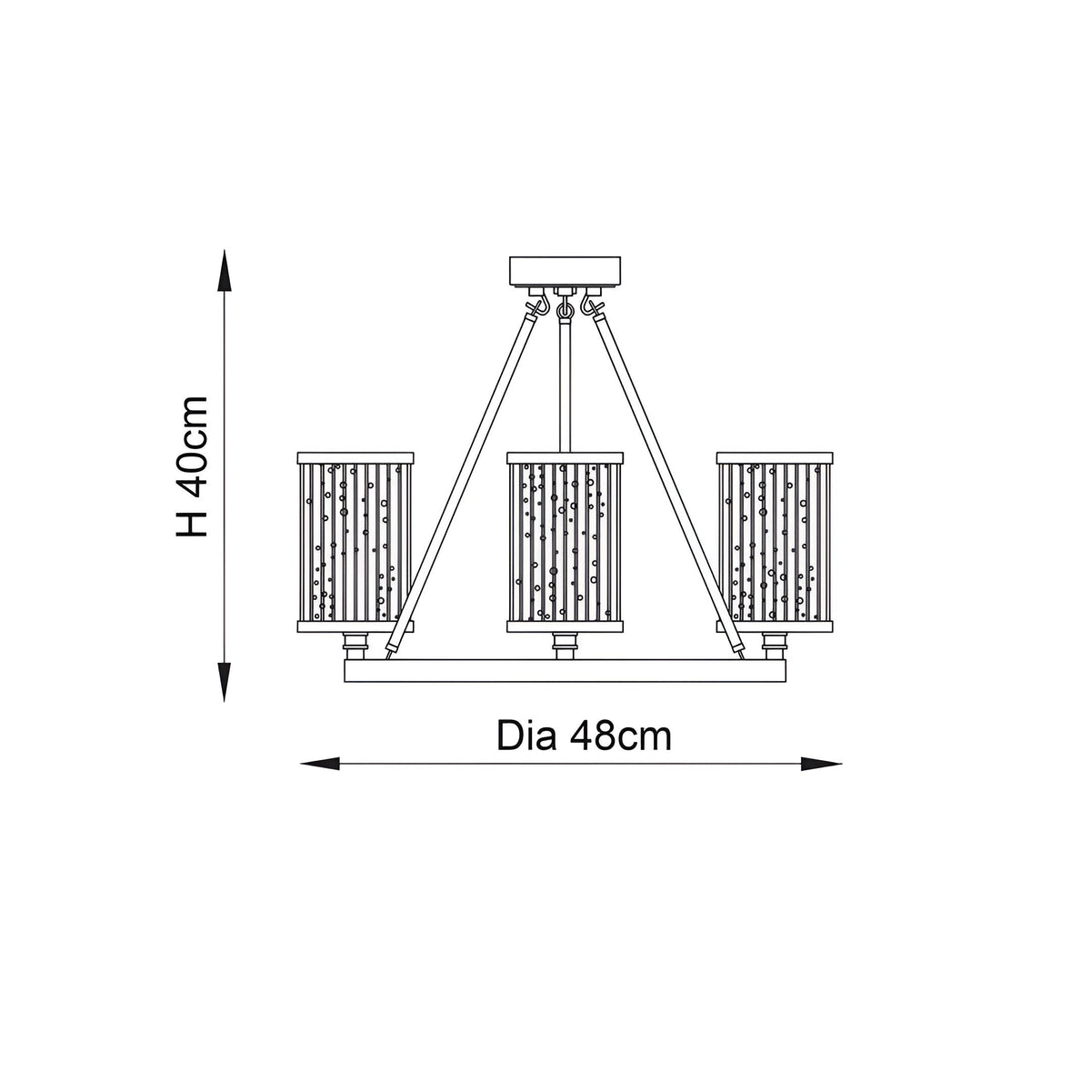 Dimension diagram of the Endon Winslow 3 Light Semi-Flush Ceiling Light in nickel, showing 40cm height and 48cm diameter on a white background.