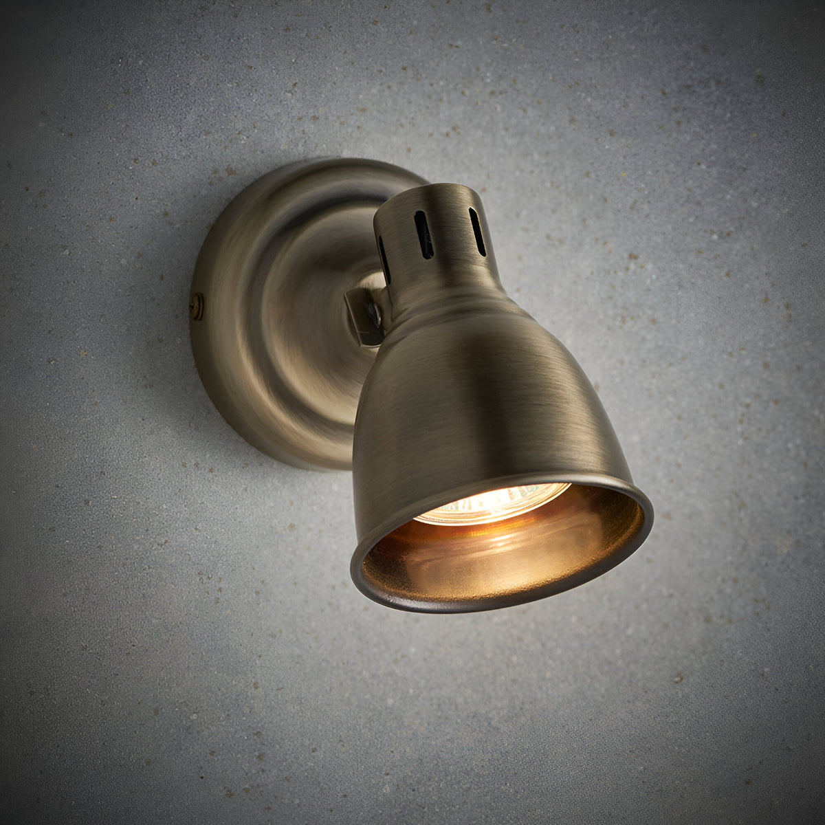 Endon Daneford single spotlight in antique brass with adjustable domed head, mounted on a round wall plate against a light grey background.
