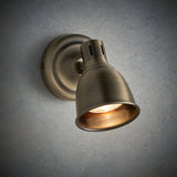 Endon Daneford single spotlight in antique brass with adjustable domed head, mounted on a round wall plate against a light grey background.
