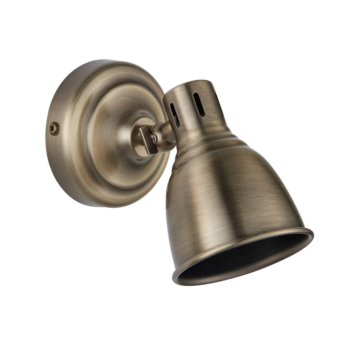 Endon Daneford single spotlight in antique brass with adjustable steel head and round wall plate, shown on a plain white background.