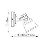 Technical dimension drawing of the Endon Daneford single spotlight showing height 12.5cm, depth 16.5cm and width 9.2cm.