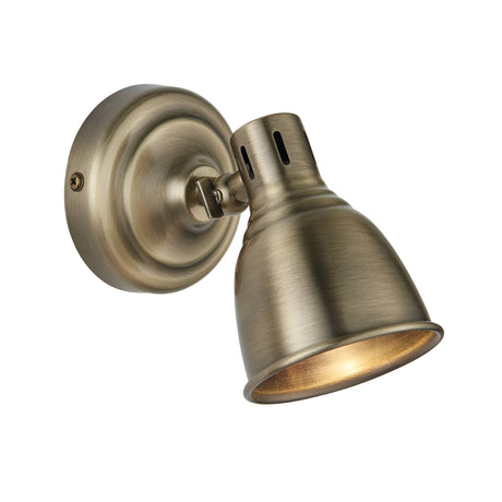 Endon Daneford single spotlight in antique brass, featuring an adjustable domed steel head on a round wall plate, shown against a white background.