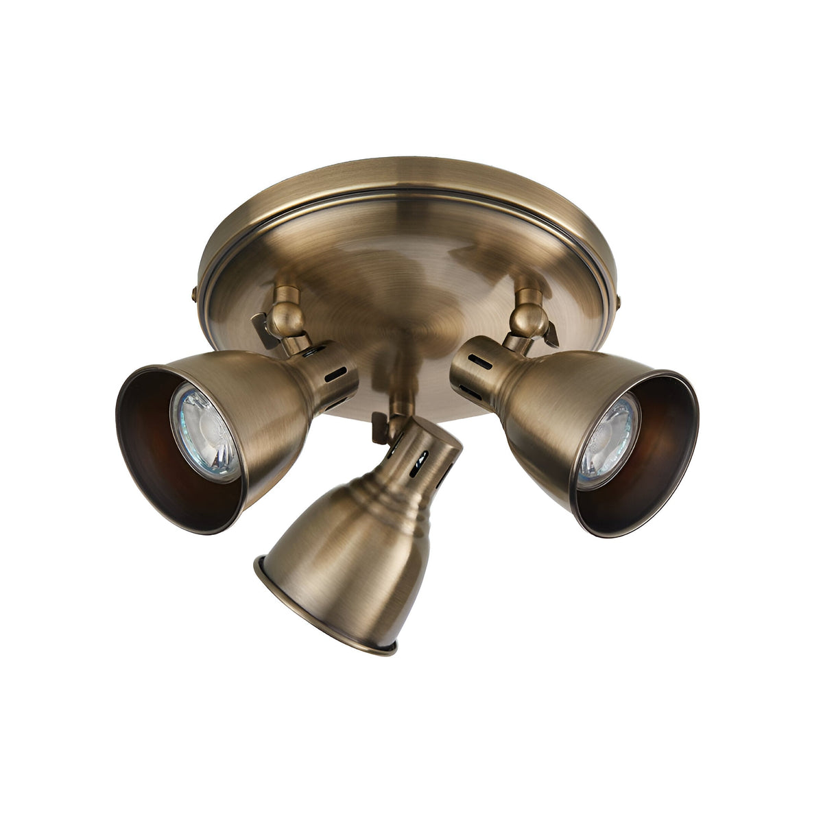Endon Daneford 3 light round spotlight in antique brass, featuring three adjustable steel heads on a circular ceiling plate, shown on a white background.