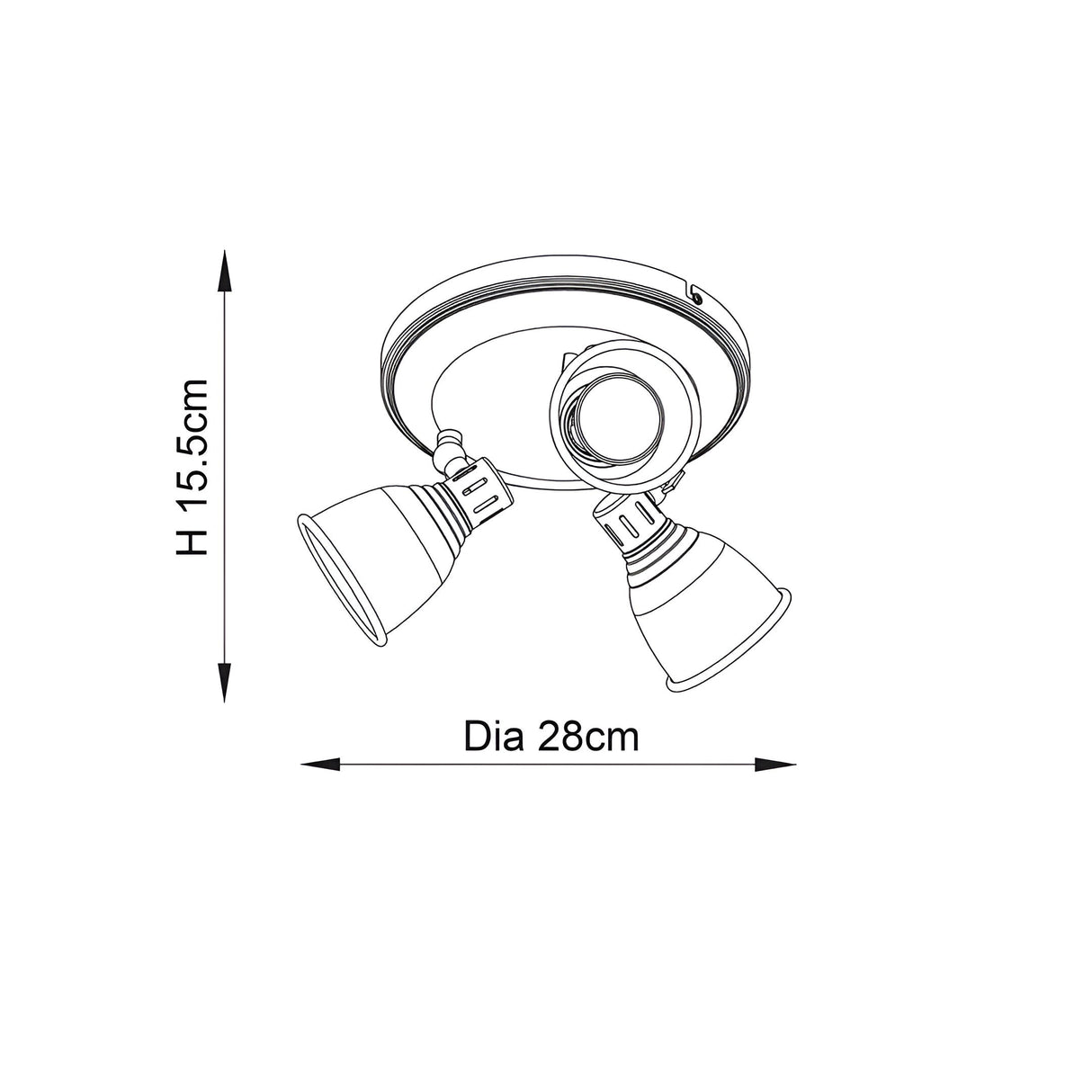 Endon Daneford 3 light round spotlight dimension diagram showing 28cm diameter and 15.5cm height with three adjustable heads on a ceiling plate.