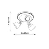 Endon Daneford 3 light round spotlight dimension diagram showing 28cm diameter and 15.5cm height with three adjustable heads on a ceiling plate.