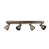 Endon Daneford 4 light spotlight bar in antique brass, featuring four adjustable steel heads on a linear plate, shown on a plain white background.
