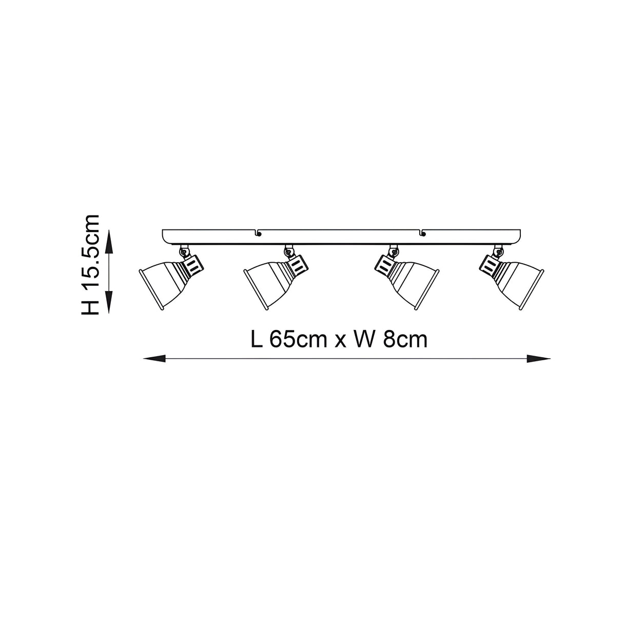 Endon Daneford 4 Light Spotlight dimension diagram showing 65cm length, 8cm width and 15.5cm height for the antique brass bar fitting.