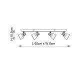 Endon Daneford 4 Light Spotlight dimension diagram showing 65cm length, 8cm width and 15.5cm height for the antique brass bar fitting.