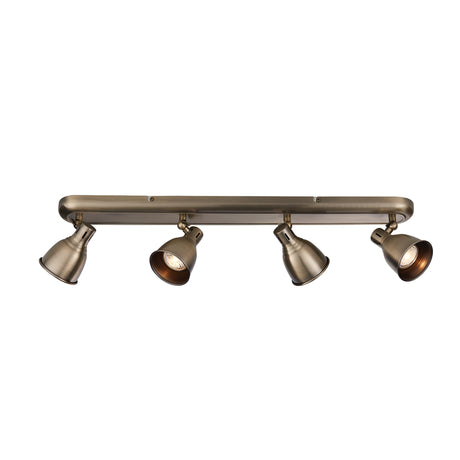 Endon Daneford 4 light spotlight bar in antique brass, with four adjustable steel heads on a single linear plate, shown on a white background.