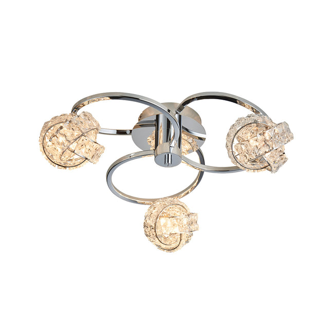 Endon Seraphine 3 light semi-flush ceiling light in polished chrome with looped arms and faceted crystal globe shades, on a white background.