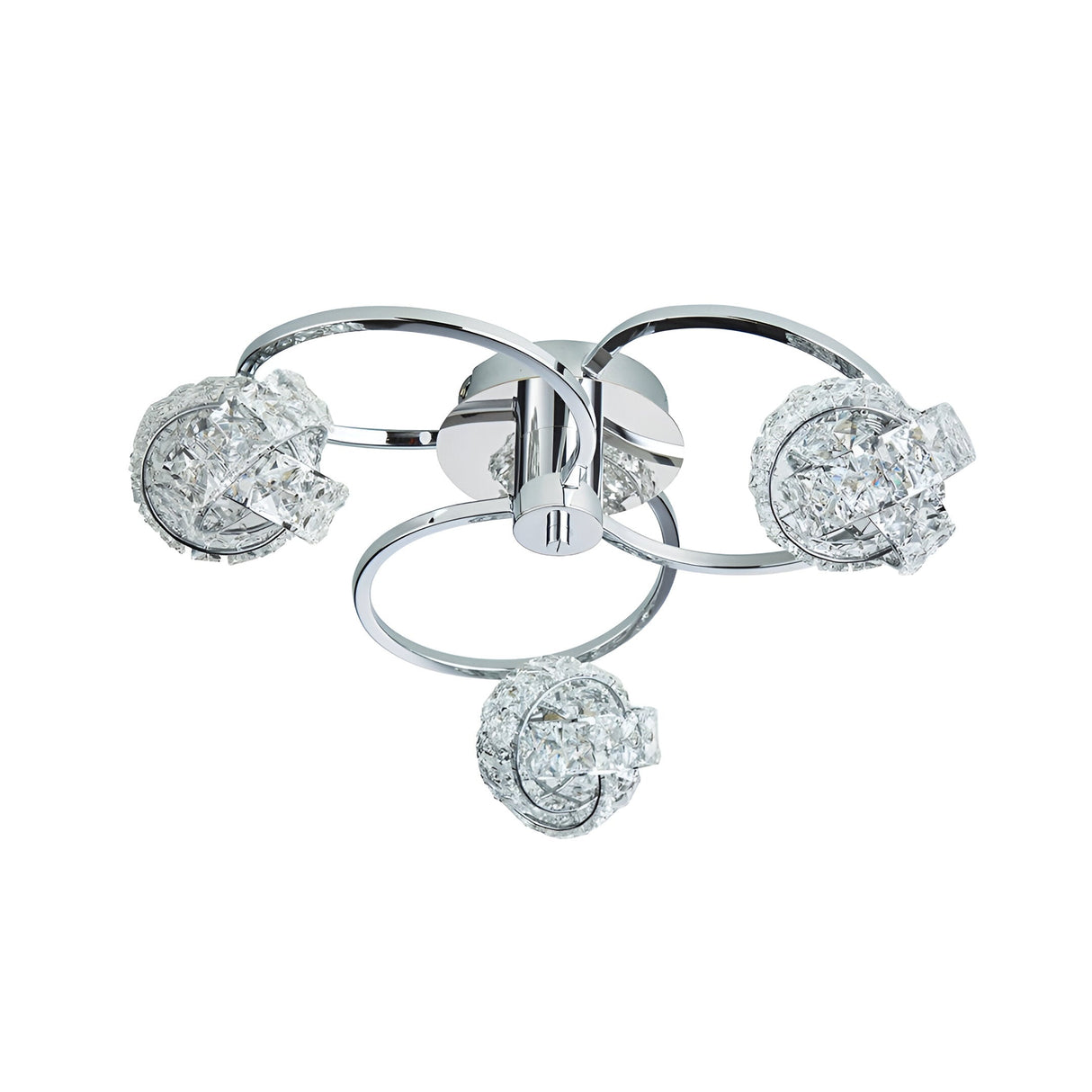 Endon Seraphine 3 light semi-flush ceiling light with looped polished chrome arms and faceted crystal shades on a plain white background.