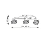 Endon Seraphine 3 light semi-flush ceiling light dimension diagram showing 46cm diameter and 16.5cm height with three crystal globe shades.