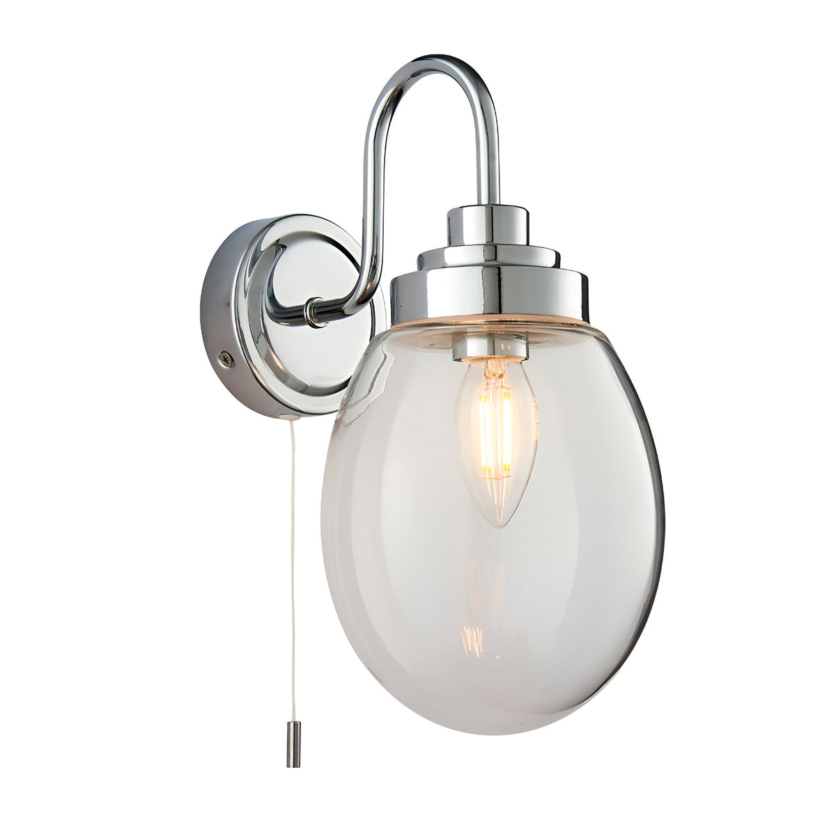 Endon Bramworth bathroom wall light in chrome with curved arm, clear glass globe shade, E14 bulb, and pull cord switch on a white background.