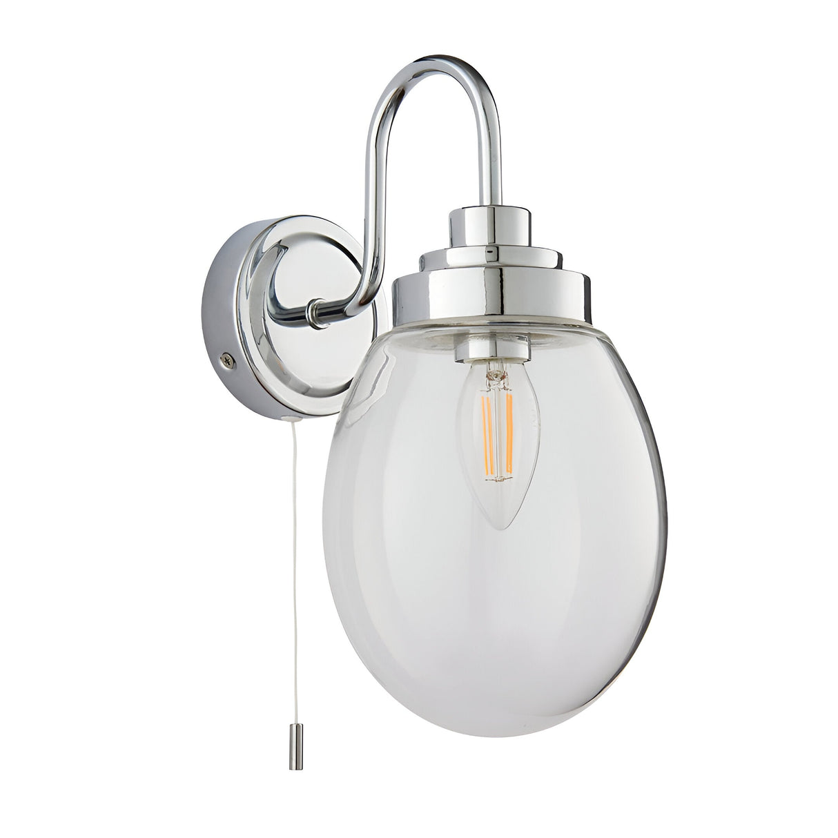 Endon Bramworth bathroom wall light in chrome with a curved arm, clear glass globe shade, E14 filament bulb and pull cord switch, on a white background.