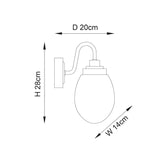 Dimension diagram of the Endon Bramworth chrome bathroom wall light, showing height 28cm, projection 20cm, and width 14cm on a white background.