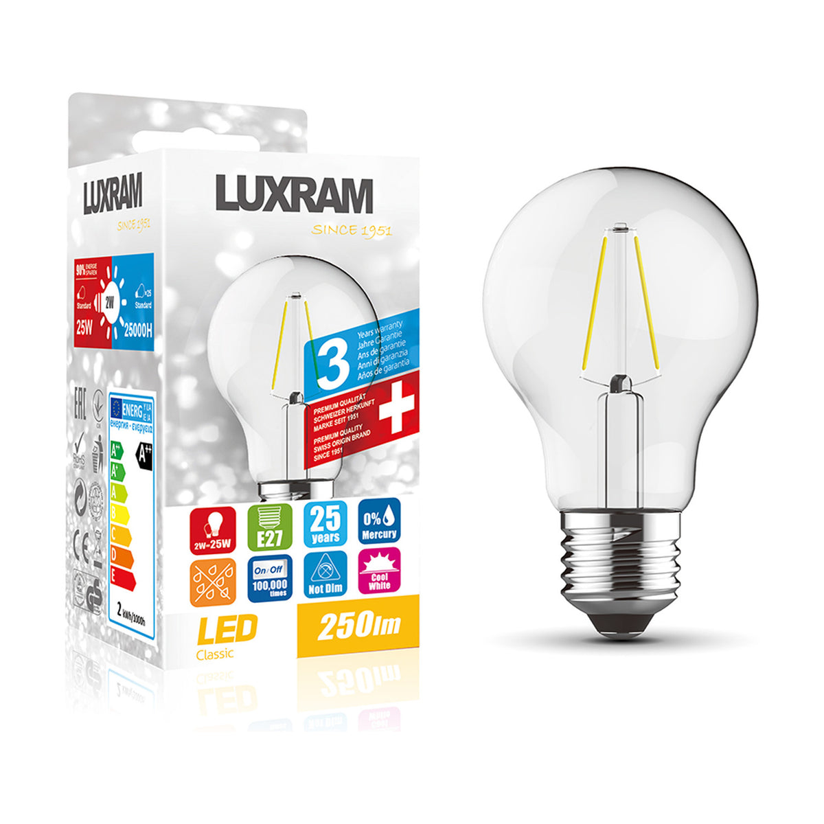 E27 GLS LED bulb, 2W 4000K cool white, clear glass pear-shaped envelope with visible filaments and metal screw cap, shown beside its Luxram packaging on a white background.