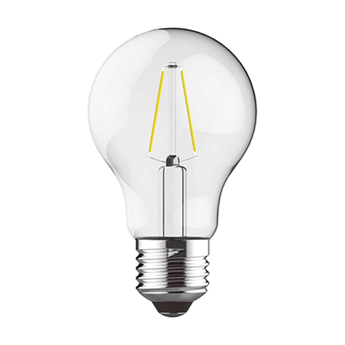 E27 GLS LED bulb, 2W 4000K clear glass with visible filament and metal screw cap, classic pear shape, shown on a plain white background.