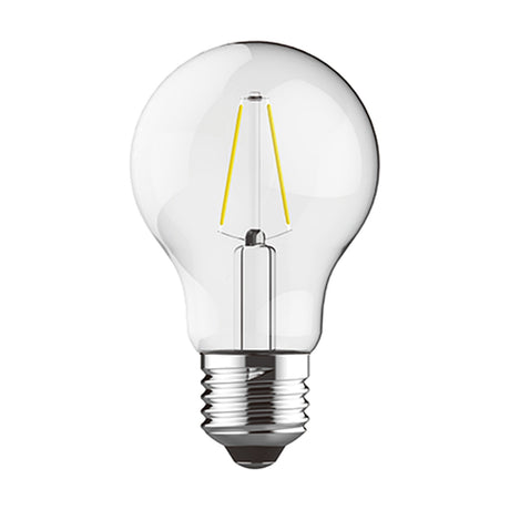 E27 GLS LED bulb, 2W 4000K clear glass with visible filament and metal screw cap, classic pear shape, shown on a plain white background.