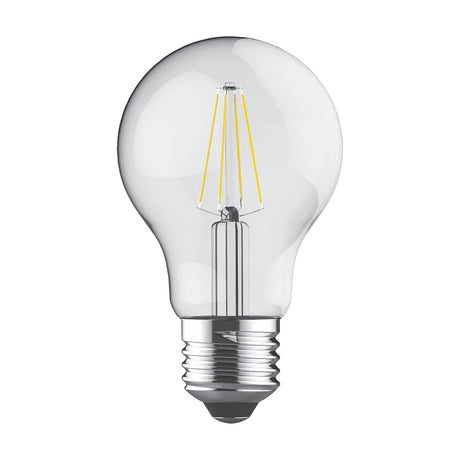 Clear GLS LED filament bulb with E27 screw cap, visible vertical filaments and silver-tone base, shown on a plain white background.