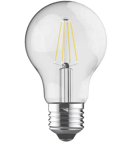Clear GLS light bulb with visible LED filament strands and E27 screw cap, 4W 2700K warm white, shown on a plain white background.
