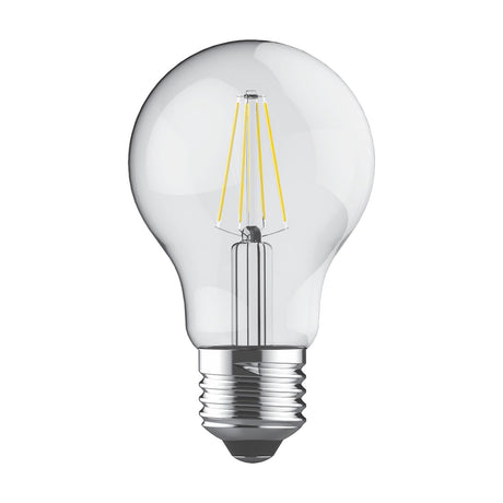 Value E27 6.5W LED filament bulb in clear glass, classic pear shape with visible warm white 2700K filaments and E27 screw fitting, shown on a plain white background.