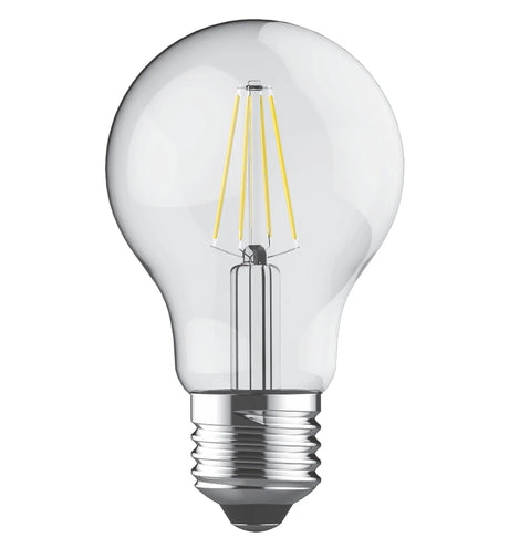 Clear glass LED filament bulb in classic pear shape with visible warm-white filaments and E27 screw fitting, shown on a plain white background.
