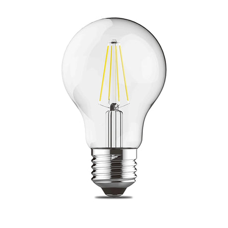 Clear E27 LED filament bulb, classic rounded shape with visible warm white filaments, silver screw cap, on a plain white background.