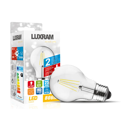 Clear glass E27 LED filament bulb, classic pear shape with visible filaments, shown beside its Luxram packaging on a white background, 6.5W dimmable, 2700K, 806lm.