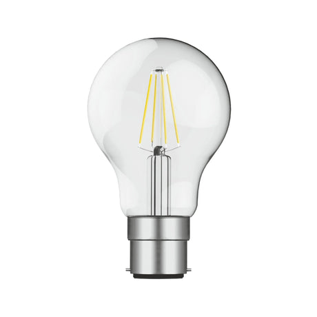 Clear pear-shaped LED filament bulb with visible warm-white filaments and a silver B22 bayonet cap, shown on a plain white background.