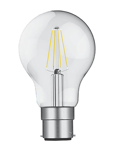 Clear LED filament bulb with classic A60 dome shape, visible warm-glowing filaments, and B22 bayonet cap, shown on a plain white background.