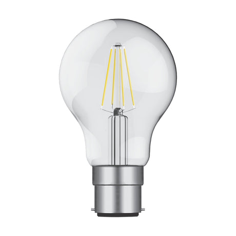 Clear GLS-shaped LED filament bulb with visible warm-toned filaments and a bayonet (B22) cap, 8W dimmable, 2700K, shown on a plain white background.