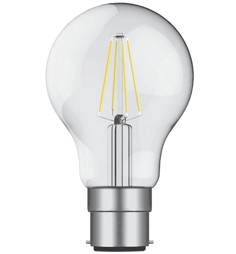 Clear GLS-shaped LED filament bulb with B22 bayonet cap, visible vertical filaments, on a plain white background, 8W dimmable, 2700K warm white.