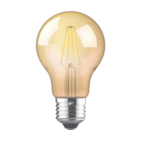 Vintage-style E27 LED filament bulb in gold-tinted glass with a round GLS shape and silver screw cap, shown on a plain white background.