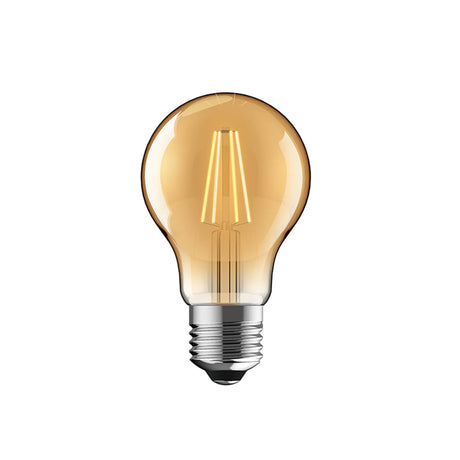 E27 LED filament bulb in gold-tinted glass, classic GLS shape with visible vertical filaments and silver screw cap, shown on a plain white background.
