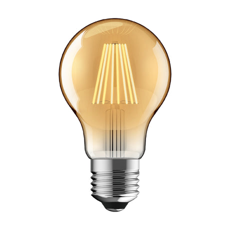 Vintage-style E27 LED filament bulb in gold-tinted glass with visible warm-white filaments and a silver screw cap, shown on a plain white background.