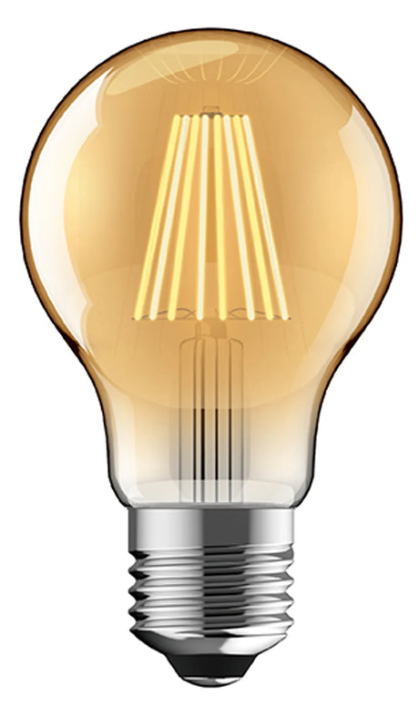 Vintage-style E27 LED filament bulb with gold-tinted glass and classic GLS shape, visible warm-glowing filaments and silver screw cap, on a white background.