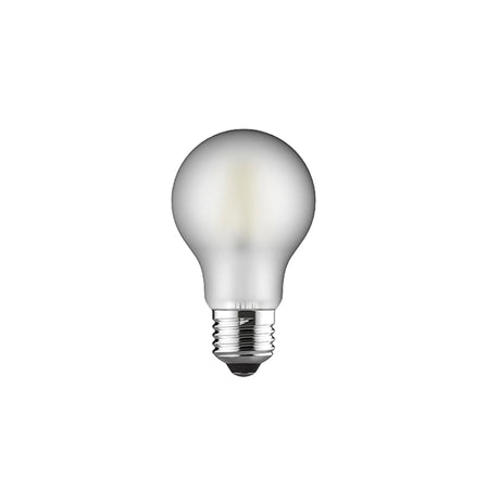 Frosted glass A60 LED light bulb with E27 screw cap, rounded pear shape and visible filament, shown on a plain white background, 4W 2700K warm white, non-dimmable.