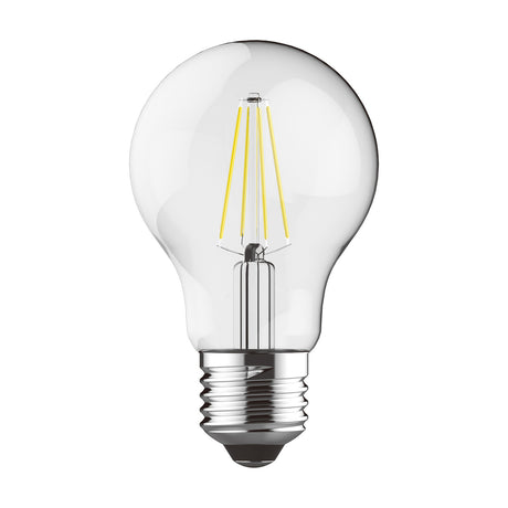 Clear glass E27 dimmable LED bulb, classic rounded shape with visible filament, 12W 3000K warm white, on a plain white background.