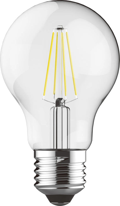 Clear glass GLS light bulb with visible warm-white LED filaments and an E27 screw fitting, shown against a plain white background, 12W dimmable, 3000K.