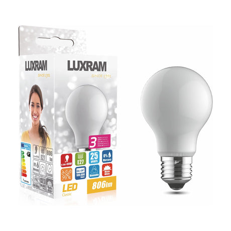 Opal E27 LED bulb in classic pear shape with E27 screw fitting, shown beside its Luxram packaging on a white background, 6.5W dimmable, 806lm warm white.