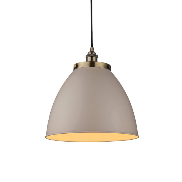 Endon Bramdale medium pendant light with a rolled-edge taupe metal dome shade and antiqued brass fitting on a black flex, on a white background.