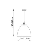 Dimensioned line drawing of Endon Bramdale Medium Pendant showing 40-142cm adjustable height and 33.5cm shade diameter on a plain background.