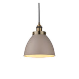 Endon Bramdale small pendant light with a taupe rolled-edge metal dome shade and antiqued brass detailing on a black flex, shown on a white background.