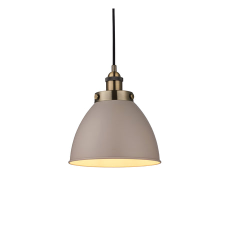 Endon Bramdale small pendant light with a taupe rolled-edge metal dome shade and antiqued brass detailing on a black flex, shown on a white background.