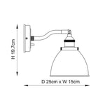 Dimensions diagram of Endon Bramdale wall light showing 19.7cm height, 25cm projection and 15cm width with adjustable knuckle and domed shade.