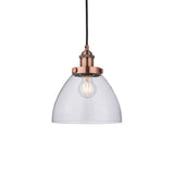 Endon Wentworth industrial pendant light with a clear glass dome shade, copper knurled lamp holder, exposed E27 filament bulb and black flex, on white.