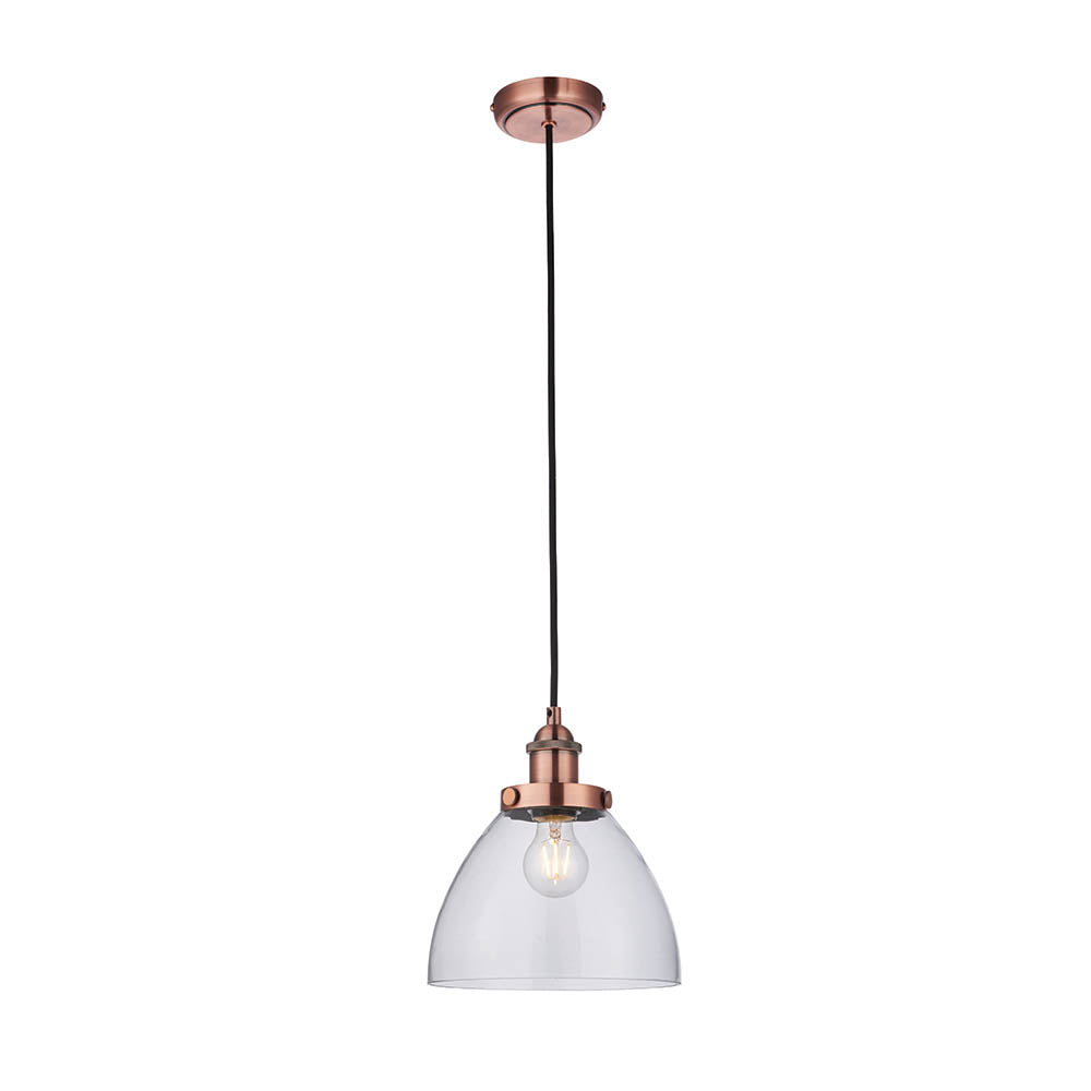 Endon Wentworth industrial pendant light with copper knurled lamp holder, clear glass dome shade, E27 filament bulb and black fabric flex on white.