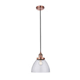 Endon Wentworth industrial pendant light with copper knurled lamp holder, clear glass dome shade, E27 filament bulb and black fabric flex on white.