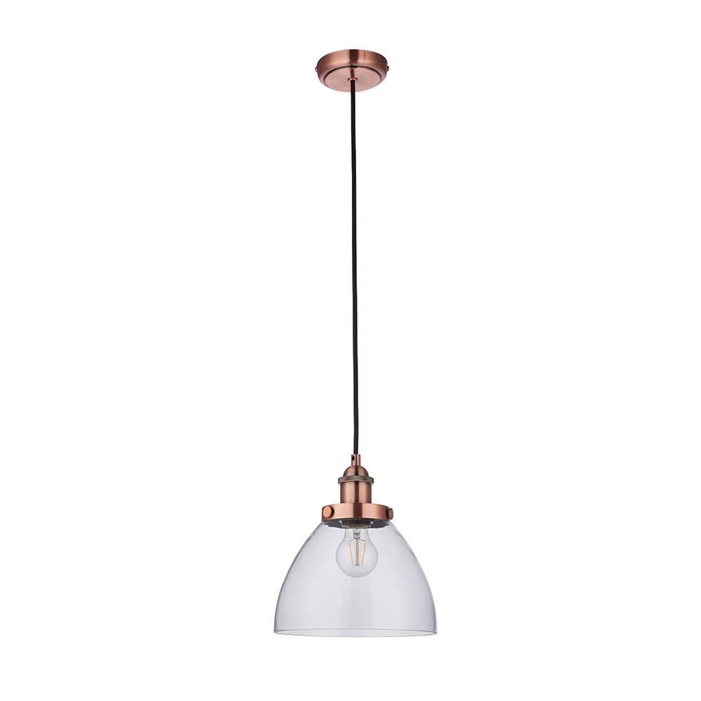 Endon Wentworth industrial pendant light with a clear glass dome shade, knurled copper lamp holder, and black fabric flex on a white background.