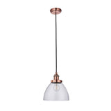 Endon Wentworth industrial pendant light with a clear glass dome shade, knurled copper lamp holder, and black fabric flex on a white background.
